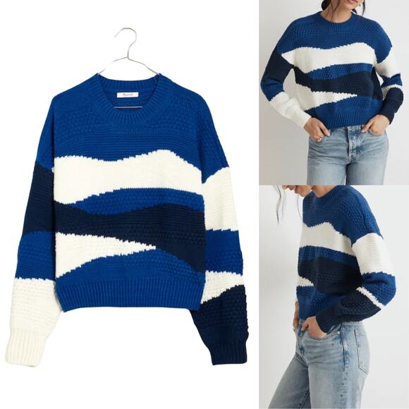 MADEWELL SWEATER KNIT BLUE COTTON NAUTICAL PREPPY WARM WINTER UNIQUE ABSTRACT - Picture 2 of 12